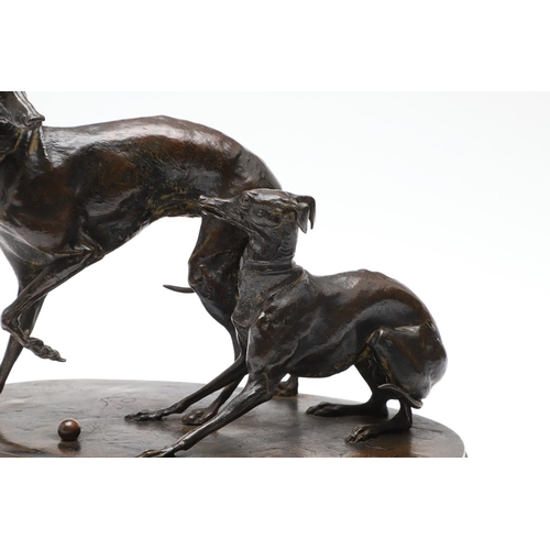 415 - PIERRE-JULES MENE (1810-1879), 'JIJI AND GISELLA'. an animalier bronze group of two whippets playing... 