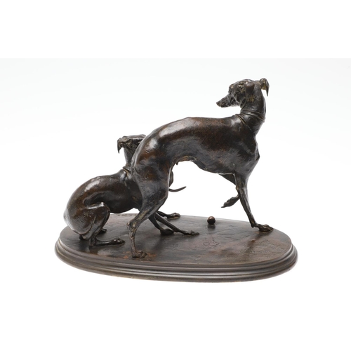 415 - PIERRE-JULES MENE (1810-1879), 'JIJI AND GISELLA'. an animalier bronze group of two whippets playing... 