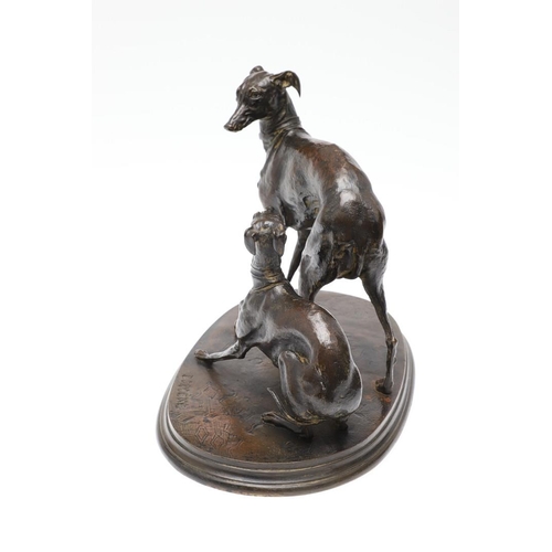 415 - PIERRE-JULES MENE (1810-1879), 'JIJI AND GISELLA'. an animalier bronze group of two whippets playing... 