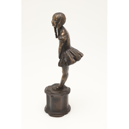 416 - PHOEBE STABLER (1879-1955) BRONZE OF A YOUNG GIRL. modelled with ringlets and wearing a pleated dres... 