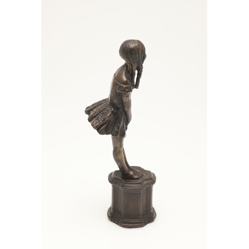 416 - PHOEBE STABLER (1879-1955) BRONZE OF A YOUNG GIRL. modelled with ringlets and wearing a pleated dres... 