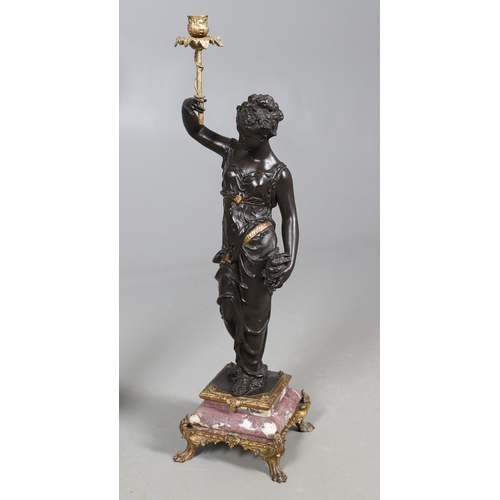 417 - A PAIR OF FRENCH SPELTER AND MARBLE TORCHERES. 19th century, modelled as Classical ladies holding al... 