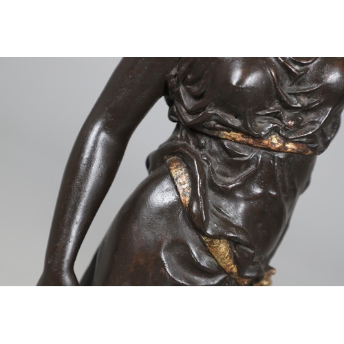 417 - A PAIR OF FRENCH SPELTER AND MARBLE TORCHERES. 19th century, modelled as Classical ladies holding al... 