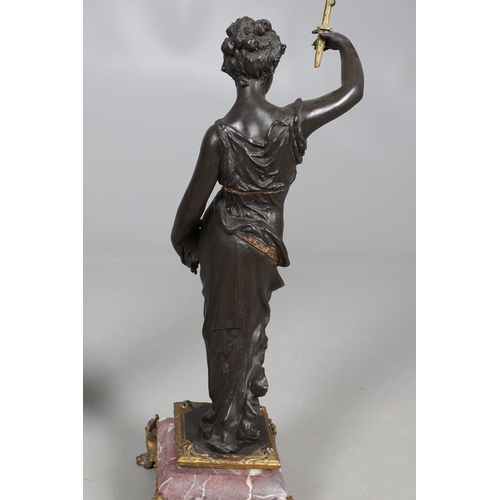 417 - A PAIR OF FRENCH SPELTER AND MARBLE TORCHERES. 19th century, modelled as Classical ladies holding al... 