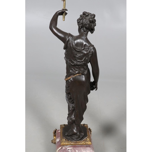 417 - A PAIR OF FRENCH SPELTER AND MARBLE TORCHERES. 19th century, modelled as Classical ladies holding al... 