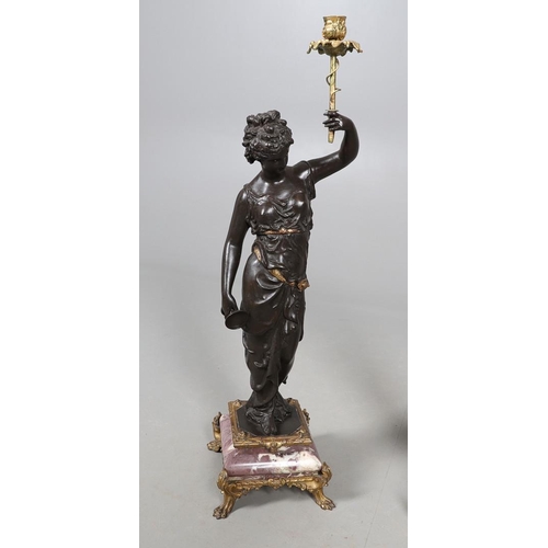 417 - A PAIR OF FRENCH SPELTER AND MARBLE TORCHERES. 19th century, modelled as Classical ladies holding al... 