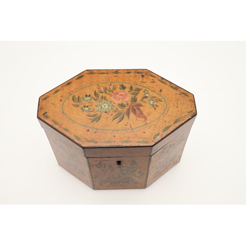 423 - A GEORGE III SATINWOOD TEA CADDY. of octagonal form, the hinged lid and panels painted with flowers ... 