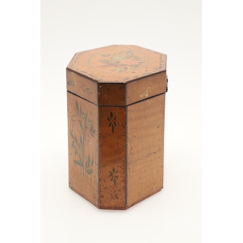 423 - A GEORGE III SATINWOOD TEA CADDY. of octagonal form, the hinged lid and panels painted with flowers ... 