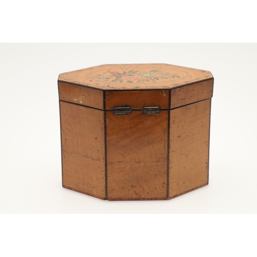 423 - A GEORGE III SATINWOOD TEA CADDY. of octagonal form, the hinged lid and panels painted with flowers ... 