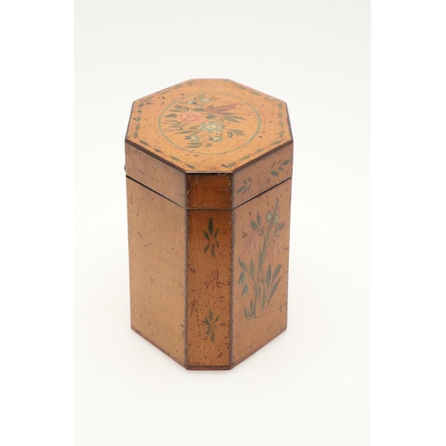 423 - A GEORGE III SATINWOOD TEA CADDY. of octagonal form, the hinged lid and panels painted with flowers ... 