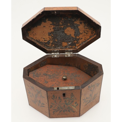 423 - A GEORGE III SATINWOOD TEA CADDY. of octagonal form, the hinged lid and panels painted with flowers ... 