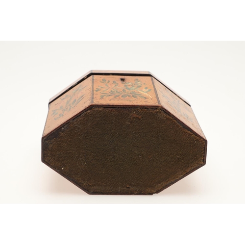 423 - A GEORGE III SATINWOOD TEA CADDY. of octagonal form, the hinged lid and panels painted with flowers ... 