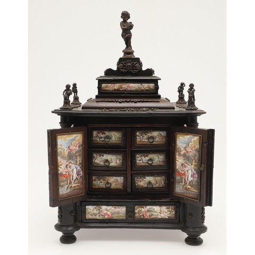 425 - AN AUSTRIAN ENAMEL AND GILT METAL MOUNTED EBONISED MINIATURE TABLE CABINET. 19th century, square ste... 