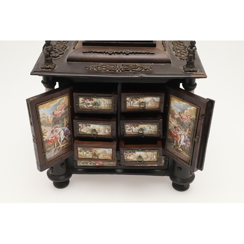 425 - AN AUSTRIAN ENAMEL AND GILT METAL MOUNTED EBONISED MINIATURE TABLE CABINET. 19th century, square ste... 