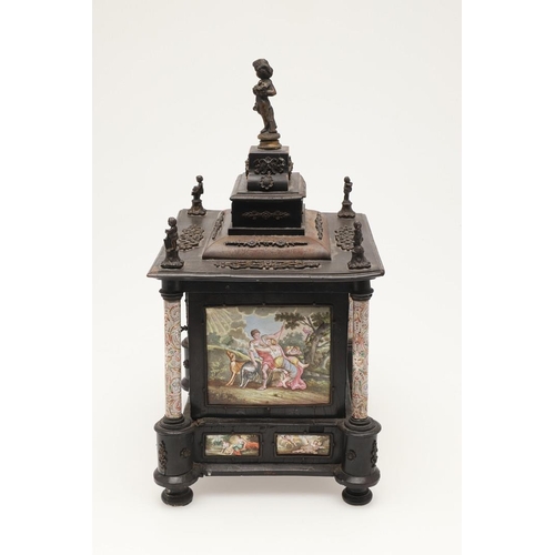 425 - AN AUSTRIAN ENAMEL AND GILT METAL MOUNTED EBONISED MINIATURE TABLE CABINET. 19th century, square ste... 