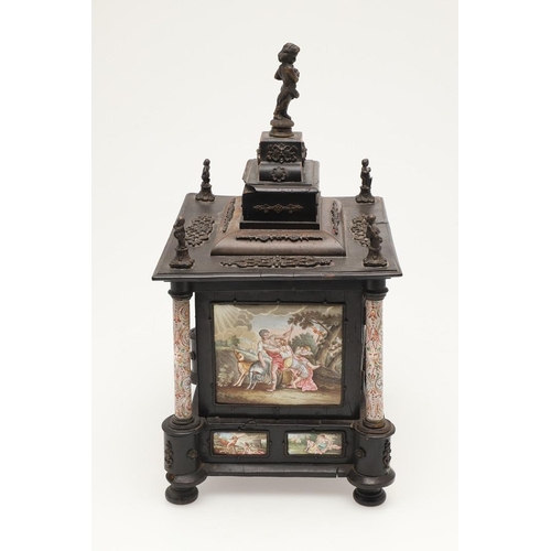 425 - AN AUSTRIAN ENAMEL AND GILT METAL MOUNTED EBONISED MINIATURE TABLE CABINET. 19th century, square ste... 