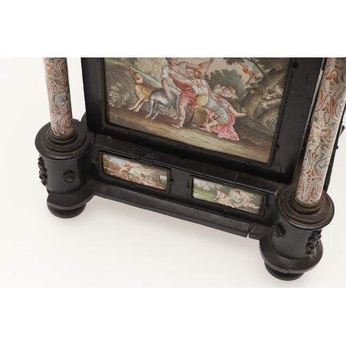 425 - AN AUSTRIAN ENAMEL AND GILT METAL MOUNTED EBONISED MINIATURE TABLE CABINET. 19th century, square ste... 