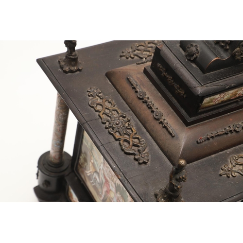 425 - AN AUSTRIAN ENAMEL AND GILT METAL MOUNTED EBONISED MINIATURE TABLE CABINET. 19th century, square ste... 