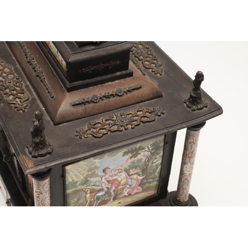 425 - AN AUSTRIAN ENAMEL AND GILT METAL MOUNTED EBONISED MINIATURE TABLE CABINET. 19th century, square ste... 