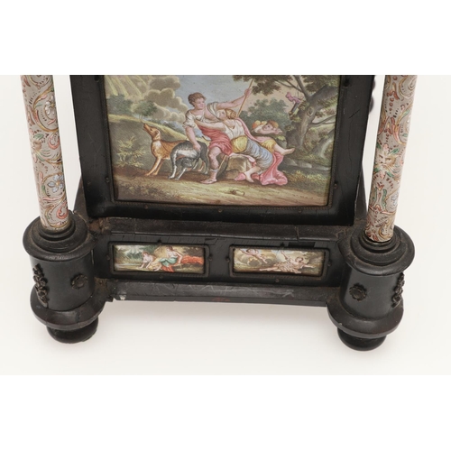 425 - AN AUSTRIAN ENAMEL AND GILT METAL MOUNTED EBONISED MINIATURE TABLE CABINET. 19th century, square ste... 