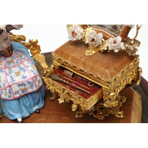 428 - AN UNUSUAL PORCELAIN FIGURE & GILT METAL DRESSING TABLE SEWING SET. 19th century, comprising of a se... 