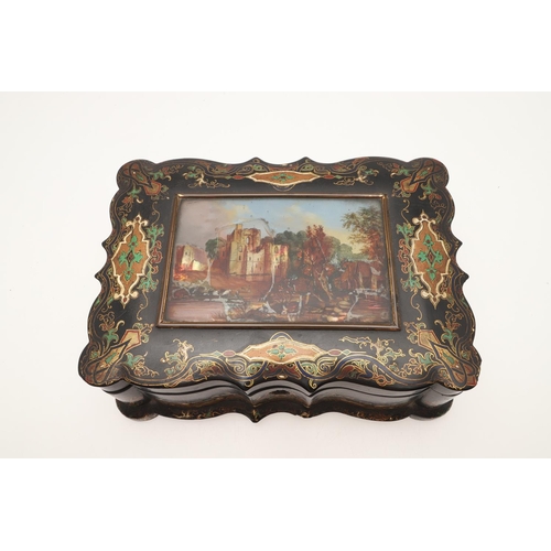 429 - A 19TH CENTURY EBONISED PAPER MACHE SEWING BOX AND CONTENTS. the hinged lid inset with painted mothe... 