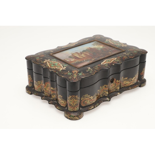 429 - A 19TH CENTURY EBONISED PAPER MACHE SEWING BOX AND CONTENTS. the hinged lid inset with painted mothe... 