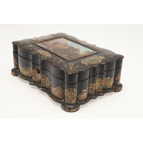 429 - A 19TH CENTURY EBONISED PAPER MACHE SEWING BOX AND CONTENTS. the hinged lid inset with painted mothe... 