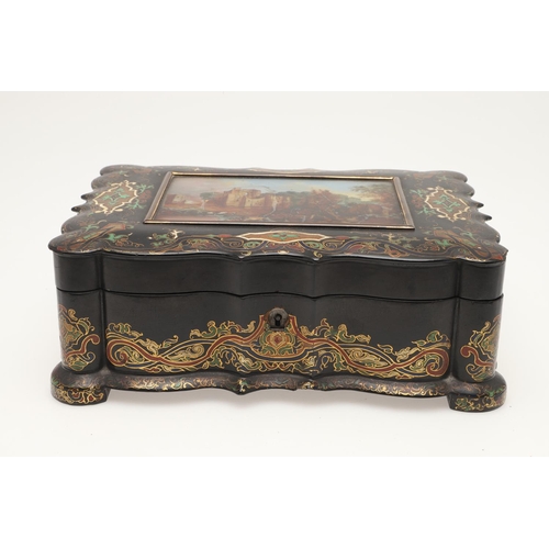 429 - A 19TH CENTURY EBONISED PAPER MACHE SEWING BOX AND CONTENTS. the hinged lid inset with painted mothe... 