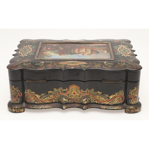 429 - A 19TH CENTURY EBONISED PAPER MACHE SEWING BOX AND CONTENTS. the hinged lid inset with painted mothe... 