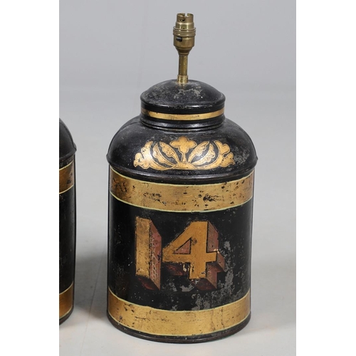 430 - A PAIR OF TOLEWARE TEA CANISTER TABLE LAMPS. each with a gilded number to a lacquered black ground, ... 