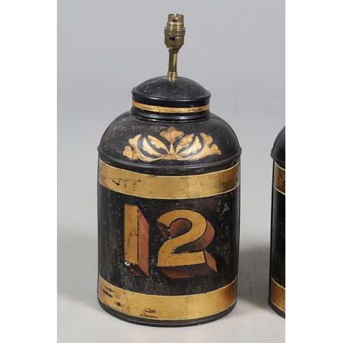 430 - A PAIR OF TOLEWARE TEA CANISTER TABLE LAMPS. each with a gilded number to a lacquered black ground, ... 