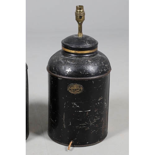 430 - A PAIR OF TOLEWARE TEA CANISTER TABLE LAMPS. each with a gilded number to a lacquered black ground, ... 