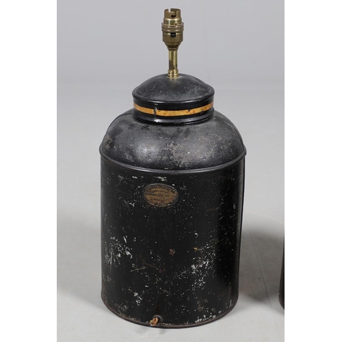 430 - A PAIR OF TOLEWARE TEA CANISTER TABLE LAMPS. each with a gilded number to a lacquered black ground, ... 