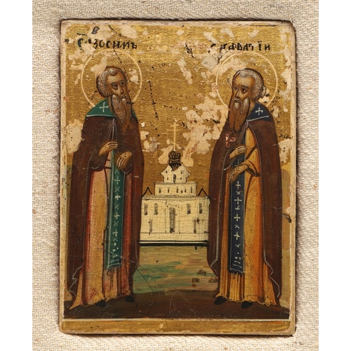 431 - A MINIATURE 19TH CENTURY RUSSIAN ICON. depicting the Saints Zossim and Savati, tempera on wood panel... 