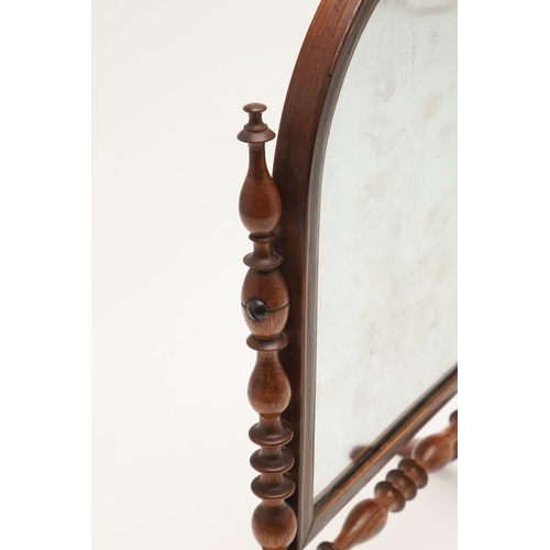 438 - A MID-19TH CENTURY ROSEWOOD MINIATURE SWING MIRROR. the arched plate with hanging ring to a boxwood ... 