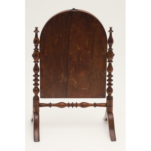 438 - A MID-19TH CENTURY ROSEWOOD MINIATURE SWING MIRROR. the arched plate with hanging ring to a boxwood ... 