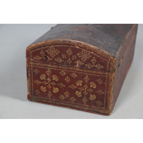 439 - A GEORGE III LEATHER COVERED DOCUMENTS TRAVEL TRUNK. embossed  with gilt crowns and foliate scroll d... 