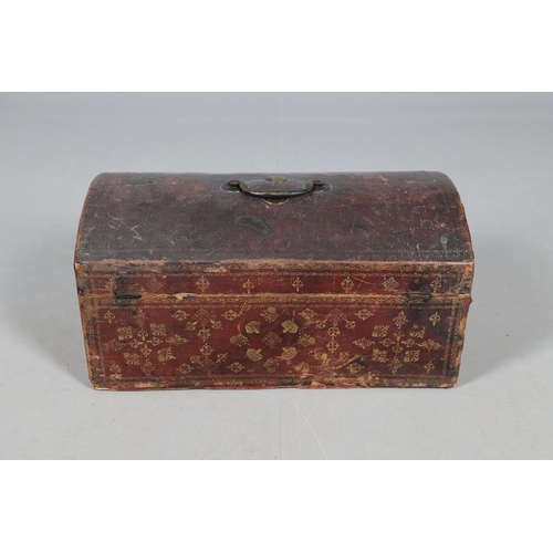 439 - A GEORGE III LEATHER COVERED DOCUMENTS TRAVEL TRUNK. embossed  with gilt crowns and foliate scroll d... 