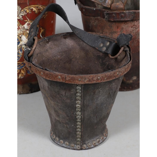 441 - A 19TH CENTURY LEATHER FIRE BUCKET. painted with Royal crest and Latin motto, 37cm high; together wi... 