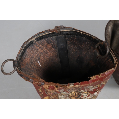 441 - A 19TH CENTURY LEATHER FIRE BUCKET. painted with Royal crest and Latin motto, 37cm high; together wi... 