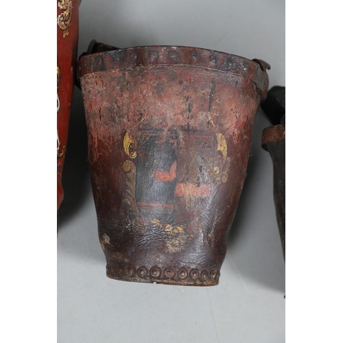 441 - A 19TH CENTURY LEATHER FIRE BUCKET. painted with Royal crest and Latin motto, 37cm high; together wi... 