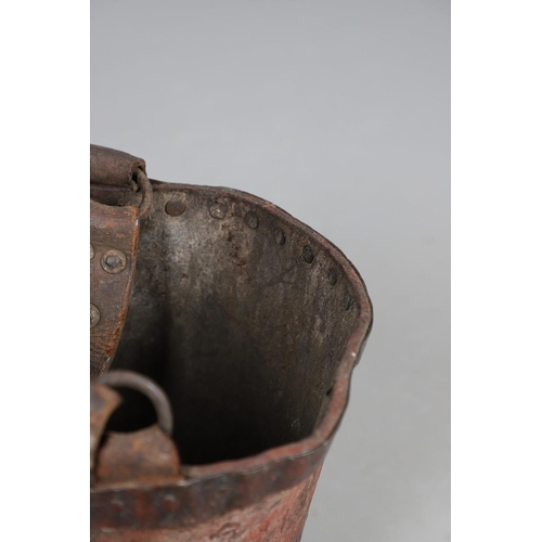 441 - A 19TH CENTURY LEATHER FIRE BUCKET. painted with Royal crest and Latin motto, 37cm high; together wi... 