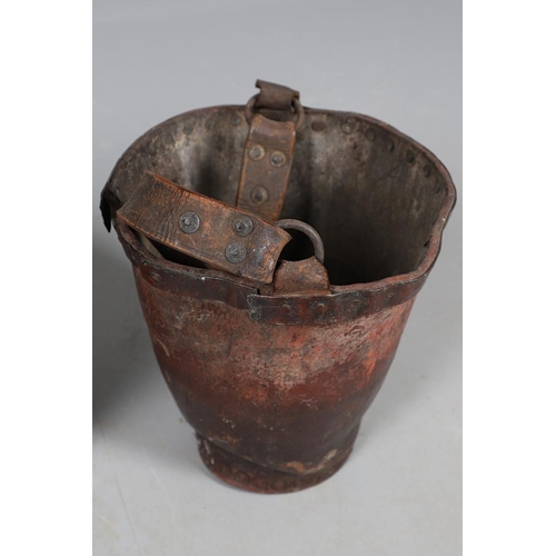 441 - A 19TH CENTURY LEATHER FIRE BUCKET. painted with Royal crest and Latin motto, 37cm high; together wi... 