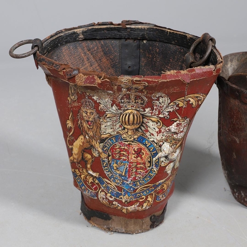 441 - A 19TH CENTURY LEATHER FIRE BUCKET. painted with Royal crest and Latin motto, 37cm high; together wi... 