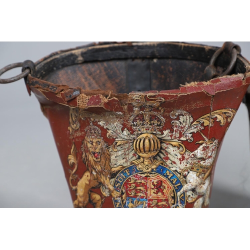 441 - A 19TH CENTURY LEATHER FIRE BUCKET. painted with Royal crest and Latin motto, 37cm high; together wi... 