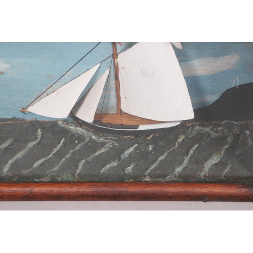 447 - A 19TH CENTURY SHIP DIORAMA. of a masted schooner and a smaller boat, with a painted background and ... 