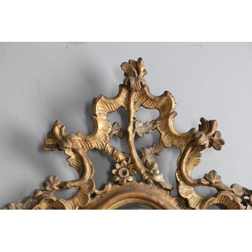 449 - A PAIR OF 18TH CENTURY VENETIAN GILTWOOD WALL MIRRORS. each glass panes etched with central semi-cla... 