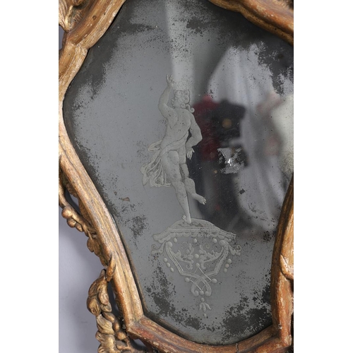 449 - A PAIR OF 18TH CENTURY VENETIAN GILTWOOD WALL MIRRORS. each glass panes etched with central semi-cla... 