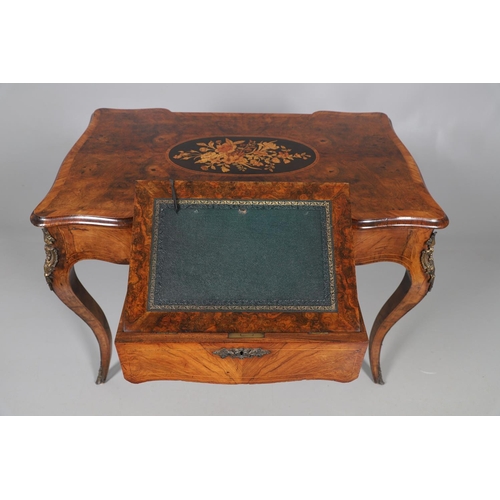 454 - A LOUIS XV STYLE BURR WALNUT AND MARQUETRY BUREAU PLAT. late 19th century, the shaped top with oval ... 